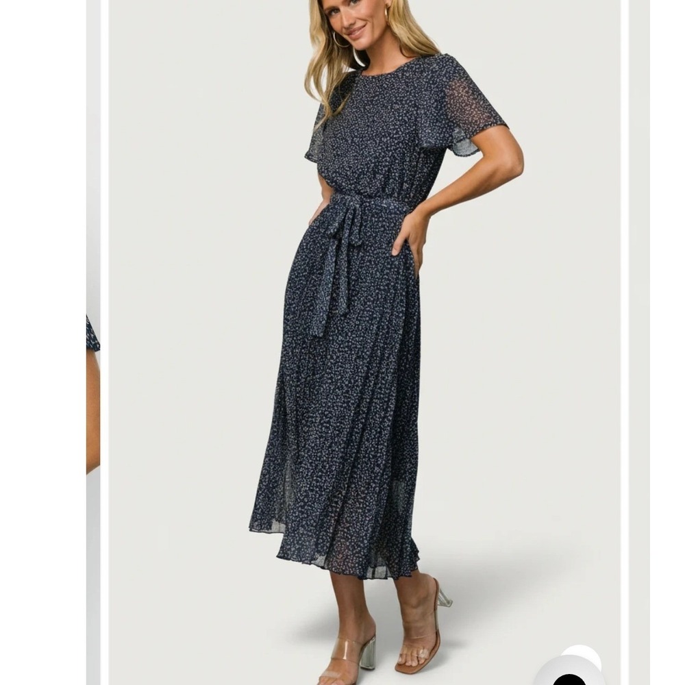 Baltic Born Prim Pleated Dress Navy Print Flutter Sleeve Midi